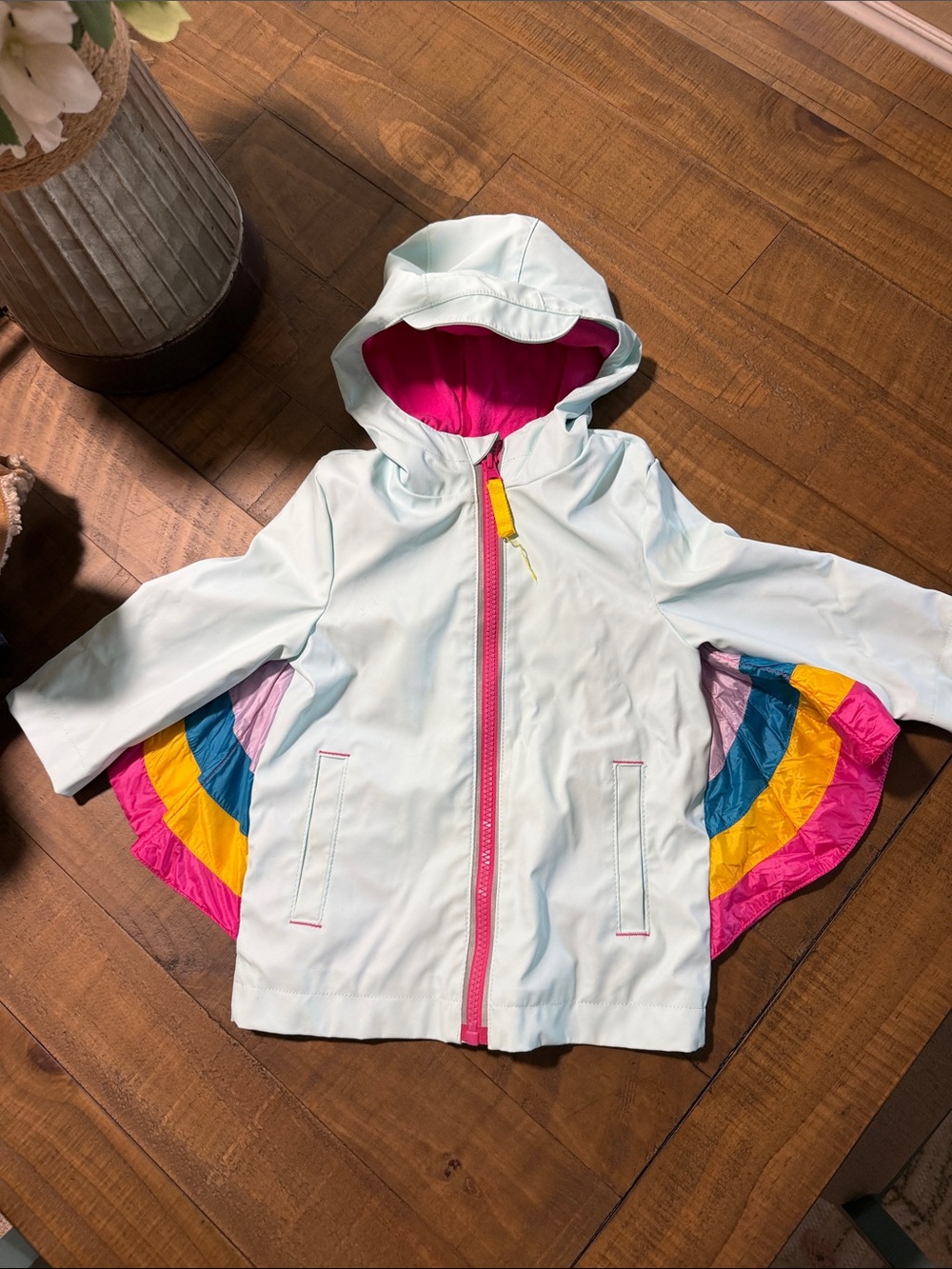 Cat & Jack Mint Hooded Raincoat with Pink Lining and Rainbow Panels